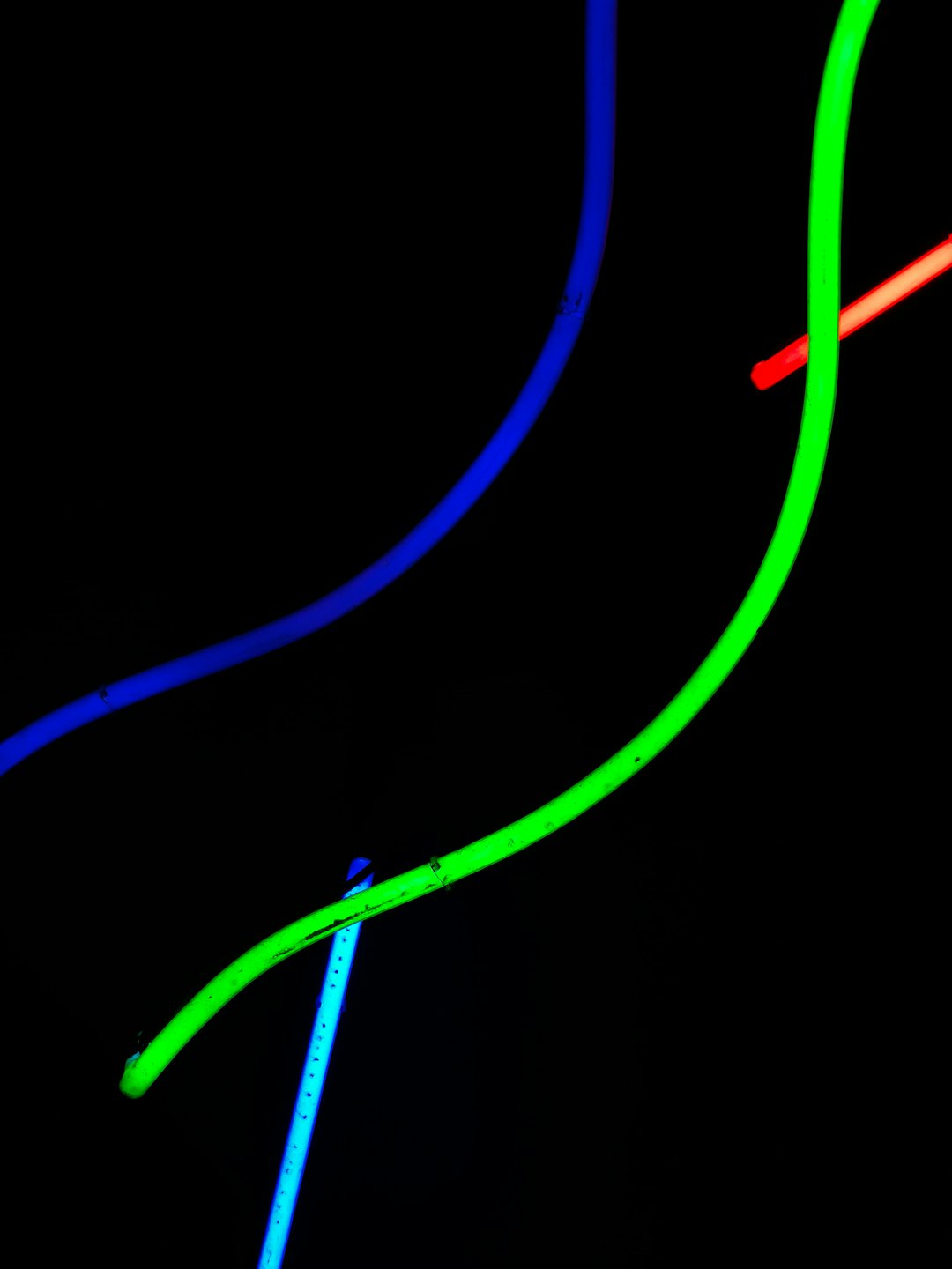 Glowing blue green and red lines intersect on black background.